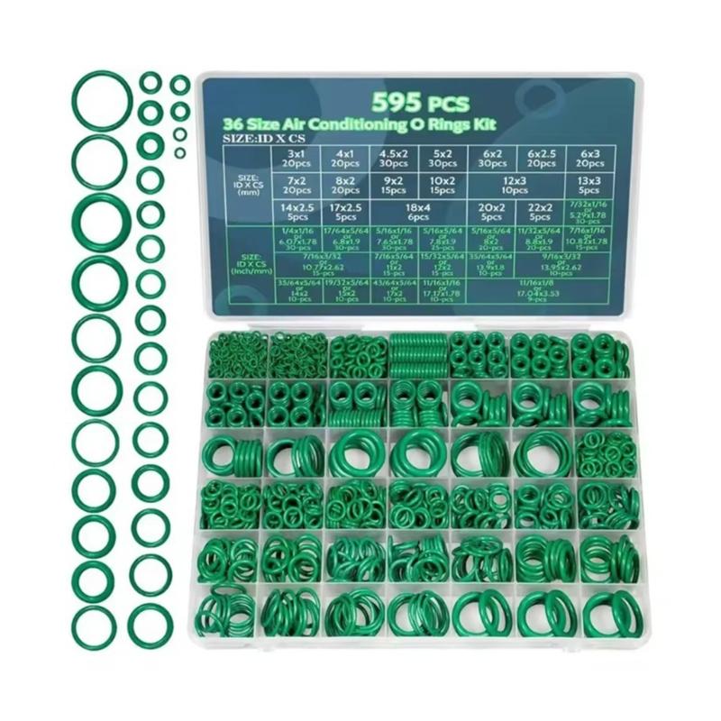 595 Piece Air Conditioning O Gasket Kit, 36 Size Green Rubber O Gasket Set with Size References In Storage Case for Repair Use and Maintenance