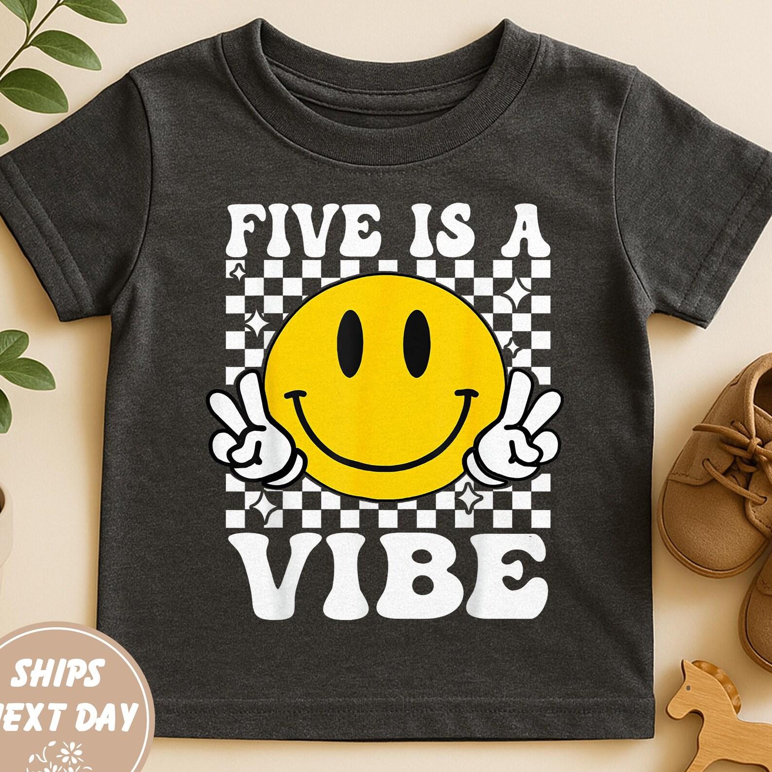 Retro Checkerboard Five is a Vibe Kids Shirt, 5th Birthday Shirt Girl, Groovy Birthday Shirt, Happy Face Birthday Boy Shirt 160