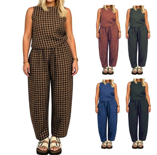 Loose Fit Sleeveless Top and Wide Leg Pants Set Plaid Pattern Casual Two Piece Outfit for Women Comfortable Daily Wear