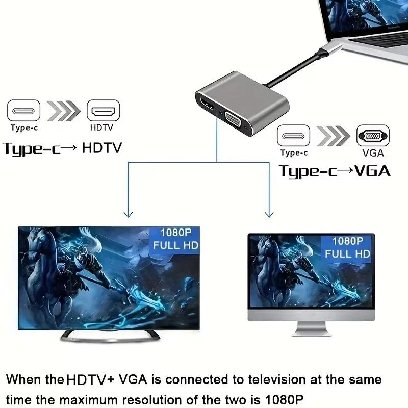 4 In 1 USB C Hub Multiport Adapter Docking Station Type C To 4K HDTV VGA 100W PD Fast Charge Splitter for MacBook Pro/Air Laptop