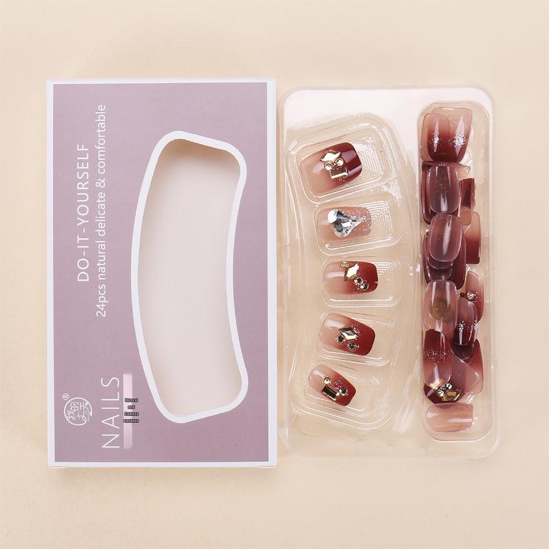 Handmade Champagne Rhinestone French Nail Art Tips - Wine Red New Year Style