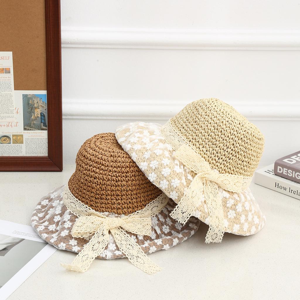 Fashion Straw Hat Mesh Bow Ribbon Sun Hat Outdoor Vacation Sun Hat Women