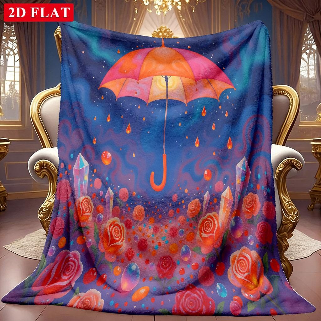 1pc 2D Rainy Night Rose Crystal Umbrella Theme Pattern Flannel Blanket, Soft HD Digital Print, Cooling Blanket All-Season Use! Soft And Breathable 100