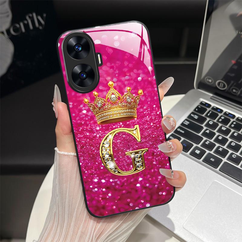 For Realme C55 4G Case Fashion Letters Hard Tempered Glass Back Covers For Realme Narzo N55 NarzoN55 C55 RMX3710 Phone Shell