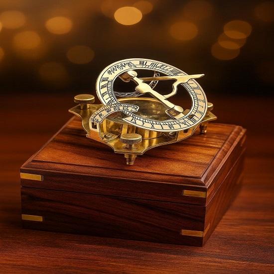 Brass Sundial Compass with Wooden Box, Engraved Nautical Gift