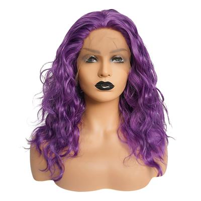 VOCOSTE Heat-Resistant Lace Front Wig, Medium Long, Fluffy Curly Wavy Wig for Girls, Everyday Use, 35.5 Cm, Purple