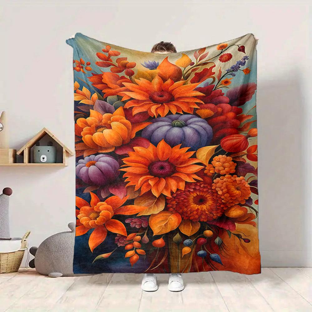 1pc Autumnal Bouquet Blanket, Lightweight Flannel Throw Blanket for Sofa, Bed, Travel, Camping, Living Room, Office, Couch023