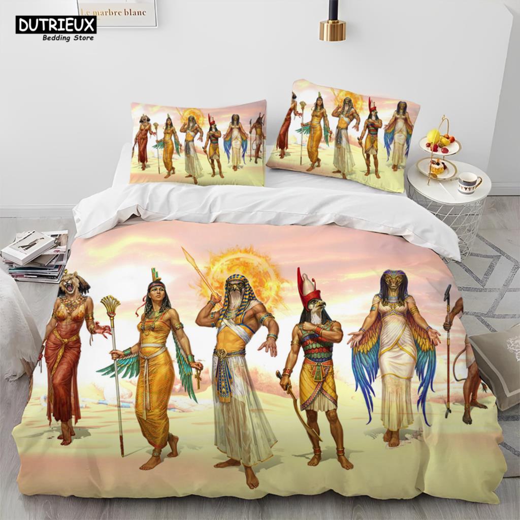 Egyptian Mythology Pharaoh Hieroglyphics Comforter Bedding Set,Duvet Cover Bed Set Quilt Cover Pillowcase,Queen Size Bedding Set
