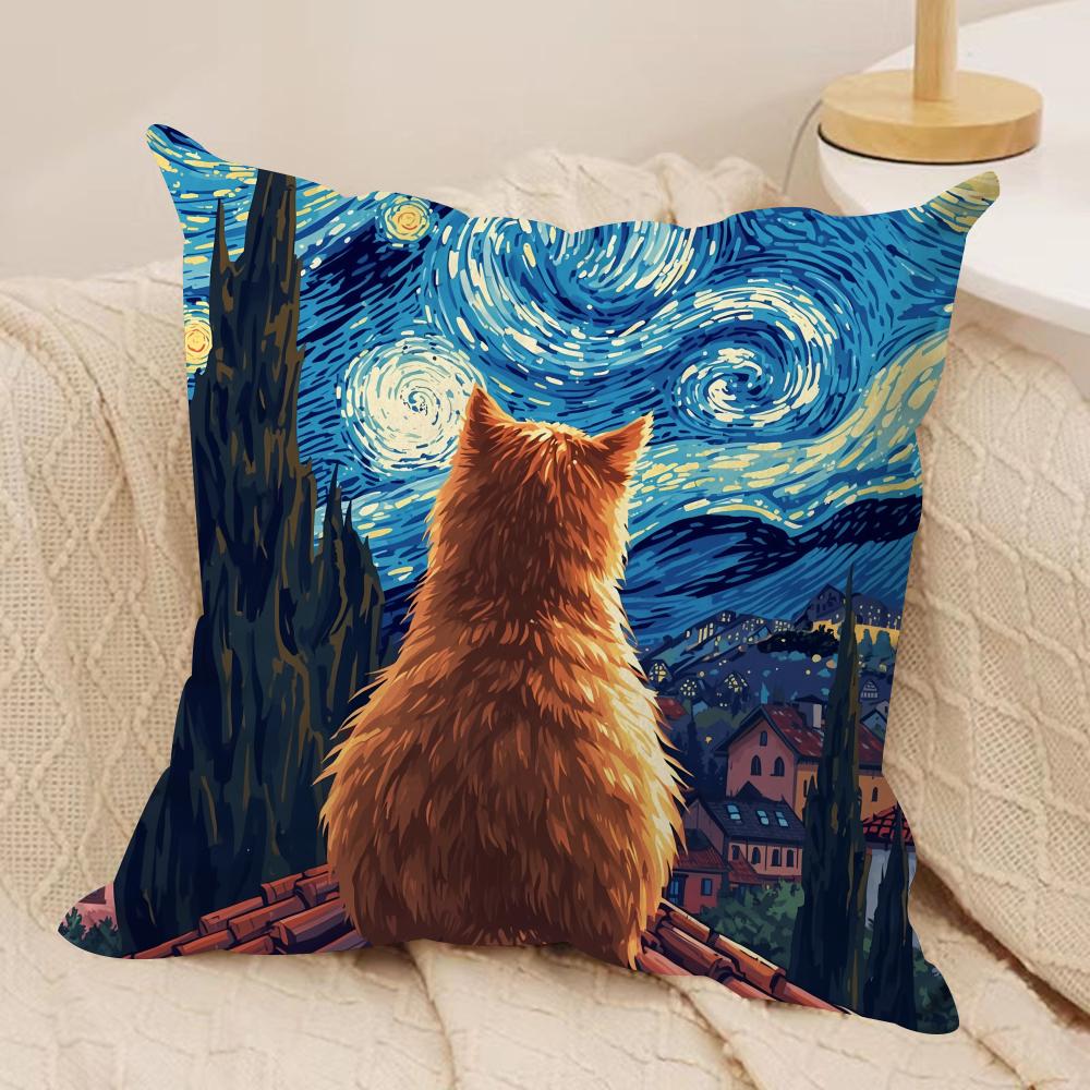 Van Gogh Starry Night Cat Cushion Cover Silky Short Plush Invisible Zipper Dustproof Sofa Pillow Case For Home Decor