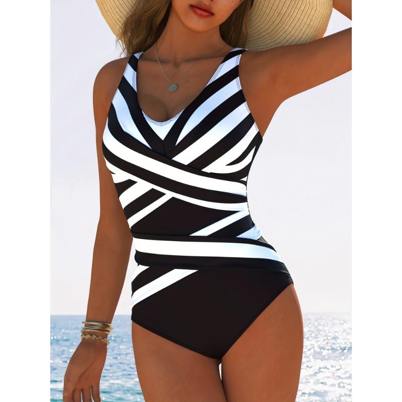 Women's Black White Stripe Cross V Neck One Piece Swimsuit