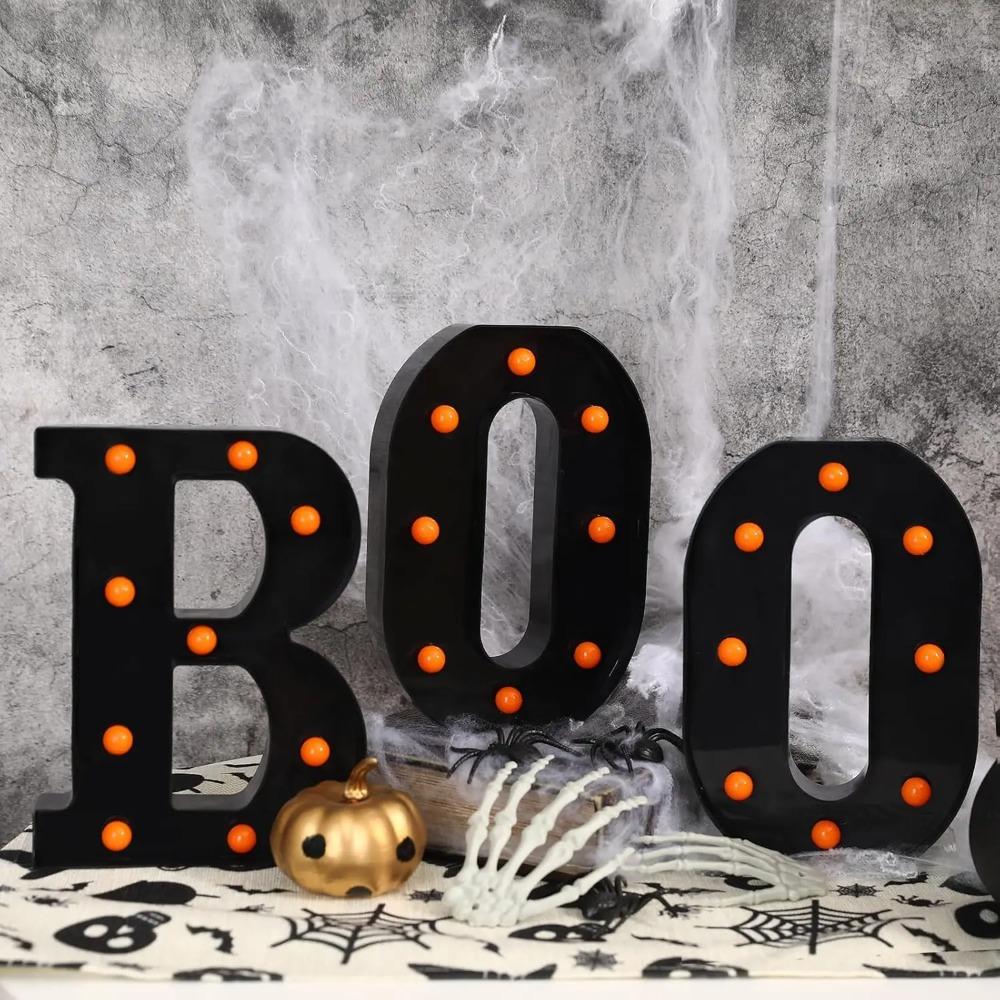Halloween Decorations Indoor-3 LED Marquee Light Up Letters Black Boo Sign Letter Lights for Home Indoor Kitchen Fireplace Party