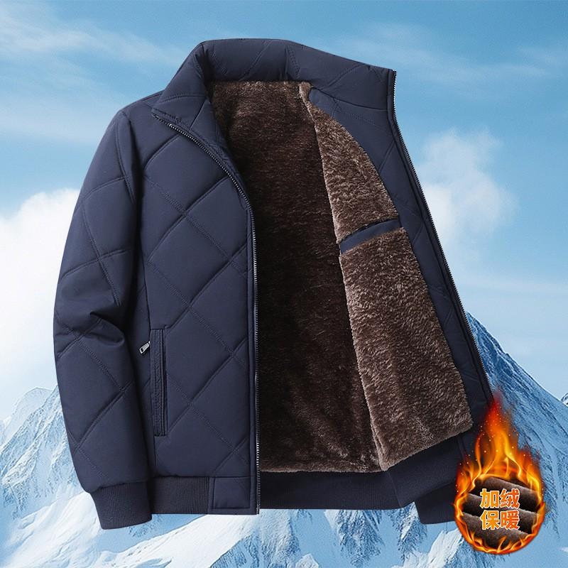 2026 Mens Fleece Lined Padded Jacket Stand Collar Loose Fit Winter Warm Coat Middle-aged