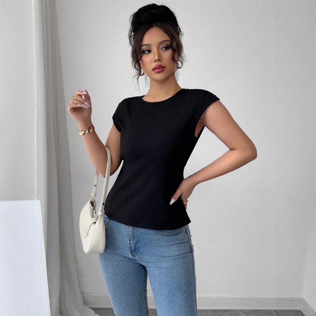 European-American Fashion Women's Solid Color Slim Fit Round Neck Short Sleeve Bodycon T-shirt