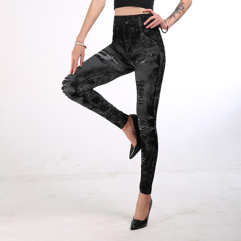 Women Slim Cropped Trousers Elasticity Casual Pants Imitation Denim High Waist Push Up Leggings