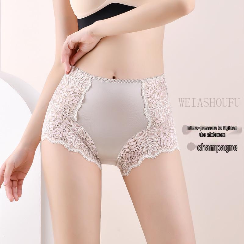 9089 Plus Size High Waist Lace Cutout Seamless Panties with Cotton Crotch