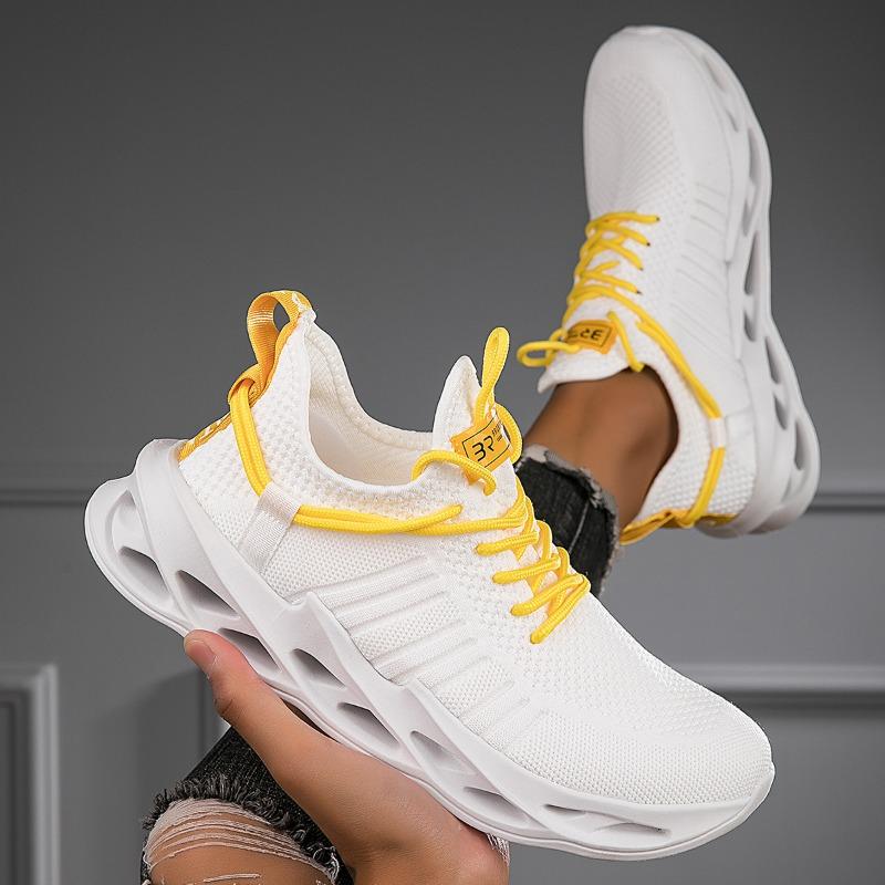 Men Breathable Knit Blade Sneakers for Men Women Lightweight Non-Slip Walking Shoes with Contrast Yellow Laces