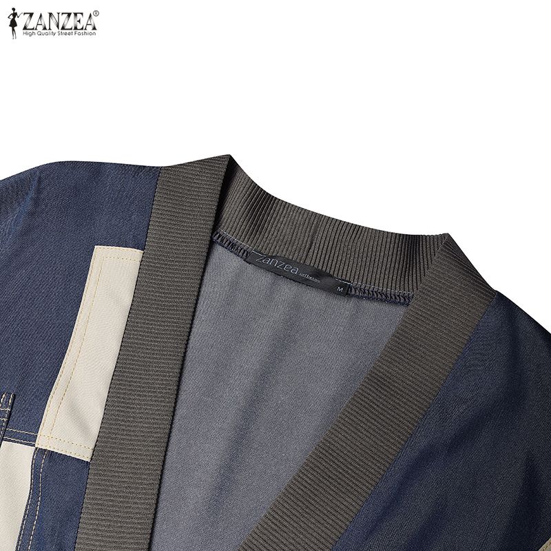 ZANZEA Women Casual V-Neck Loose Long Sleeve Patchwork Cardigan Blouse