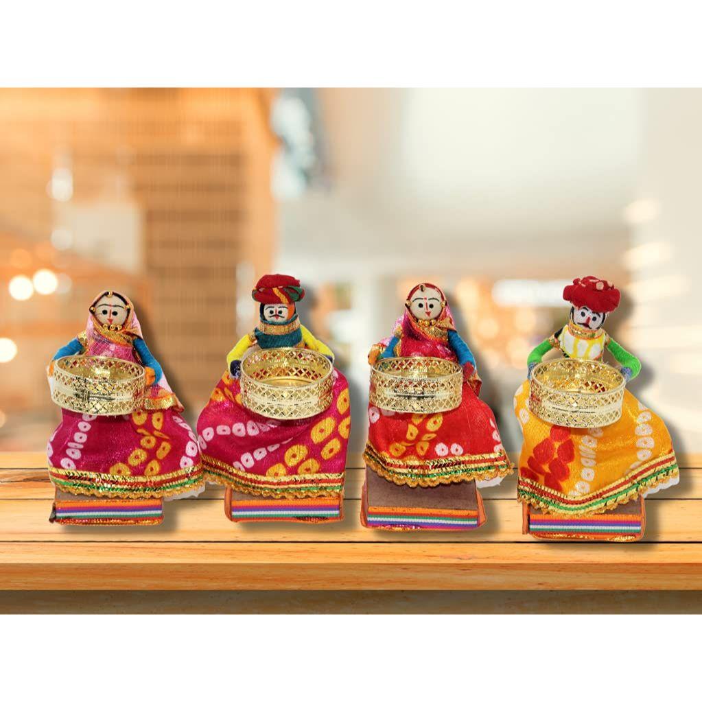 Suport pentru lumânări cu candelabric pentru păpuși în picioare reciclate Martial Rajasthani, multicolor (2 perechi)(4 suporturi pentru lumanari)