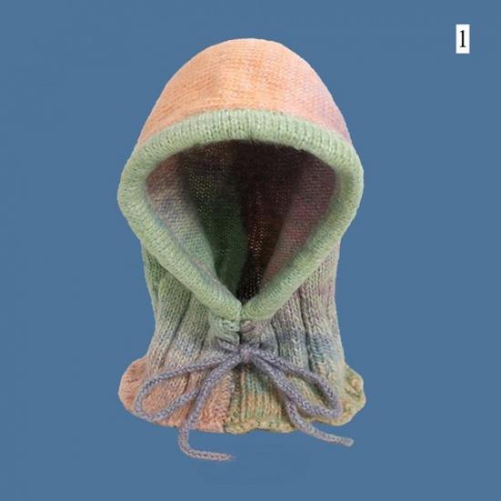 Women Drawstring Knit Rainbow Hat Thick Neck Warmer Cap Gradient Color Winter 1