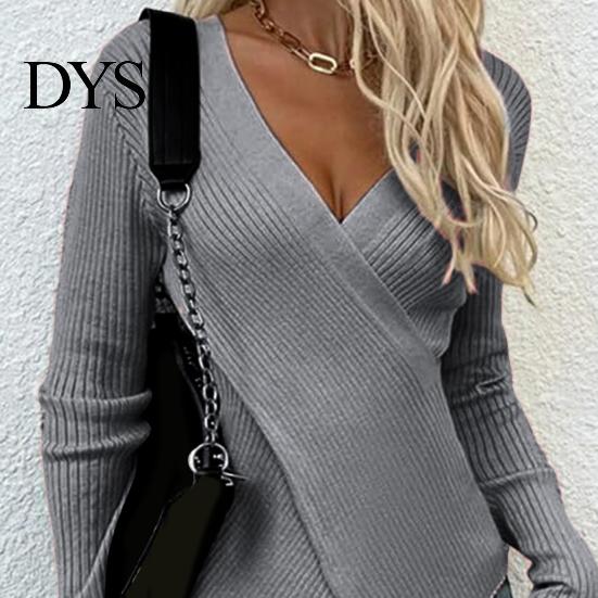 Γυναικείο Πλεκτό Πουλόβερ Σέξι V-Neck Wrap Πλεκτό Τοπ Εφαρμοστό Σταυρωτό Μπροστά Πουλόβερ Μακρυμάνικο Μαλακό Διαπνέον Ύφασμα Ρούχα Φθινοπώρου Ζεστό Wrap-around