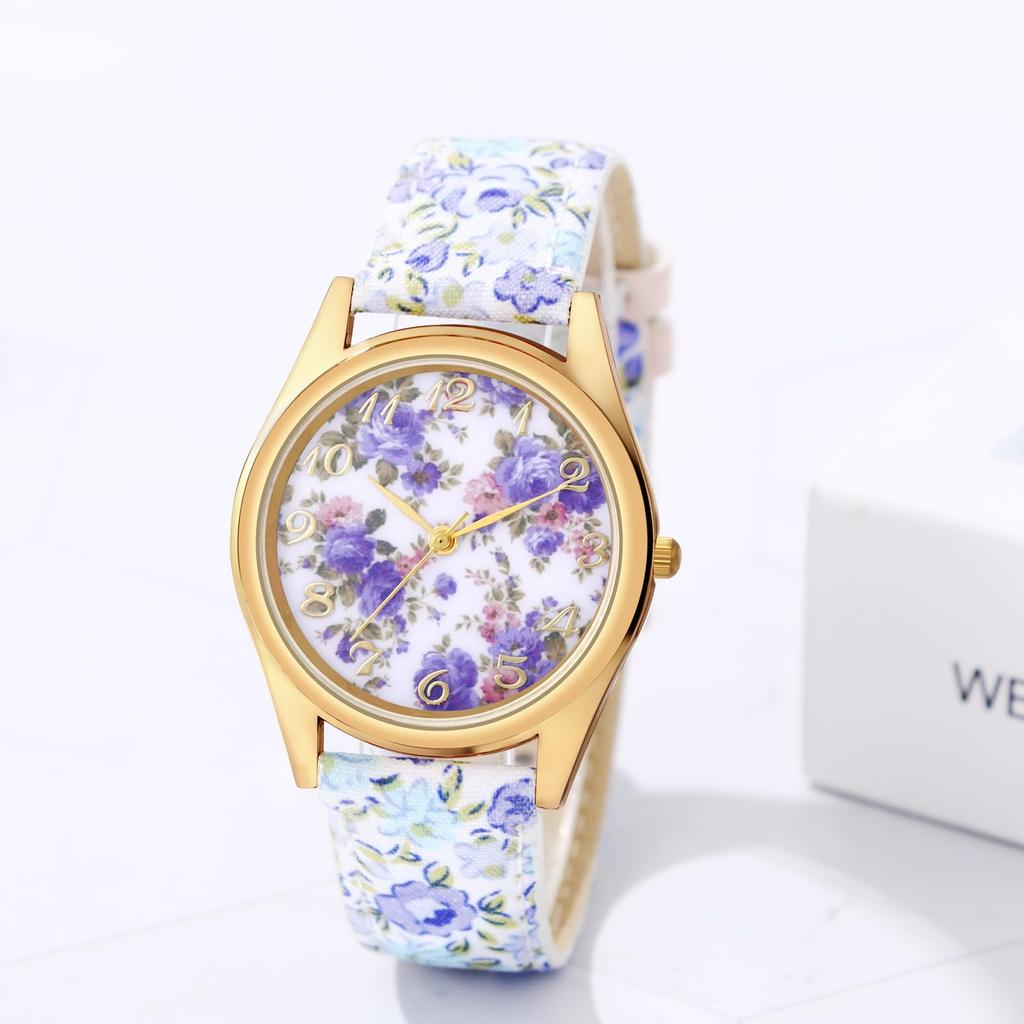 Bohemian Floral Print PU Leather Floral Analog Quartz Adjustable Arabic Stylish Perfect for and Christmas Gifts Women's Watch Waterproof, Print,