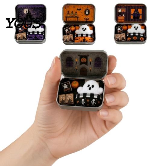 Kids Halloween Party Favor Mini Ghost Tin Box Set, Little Pocket Cute In A Box, Soft Plush Figurine Miniature Scene Spooky Desktop Decor, Gifts