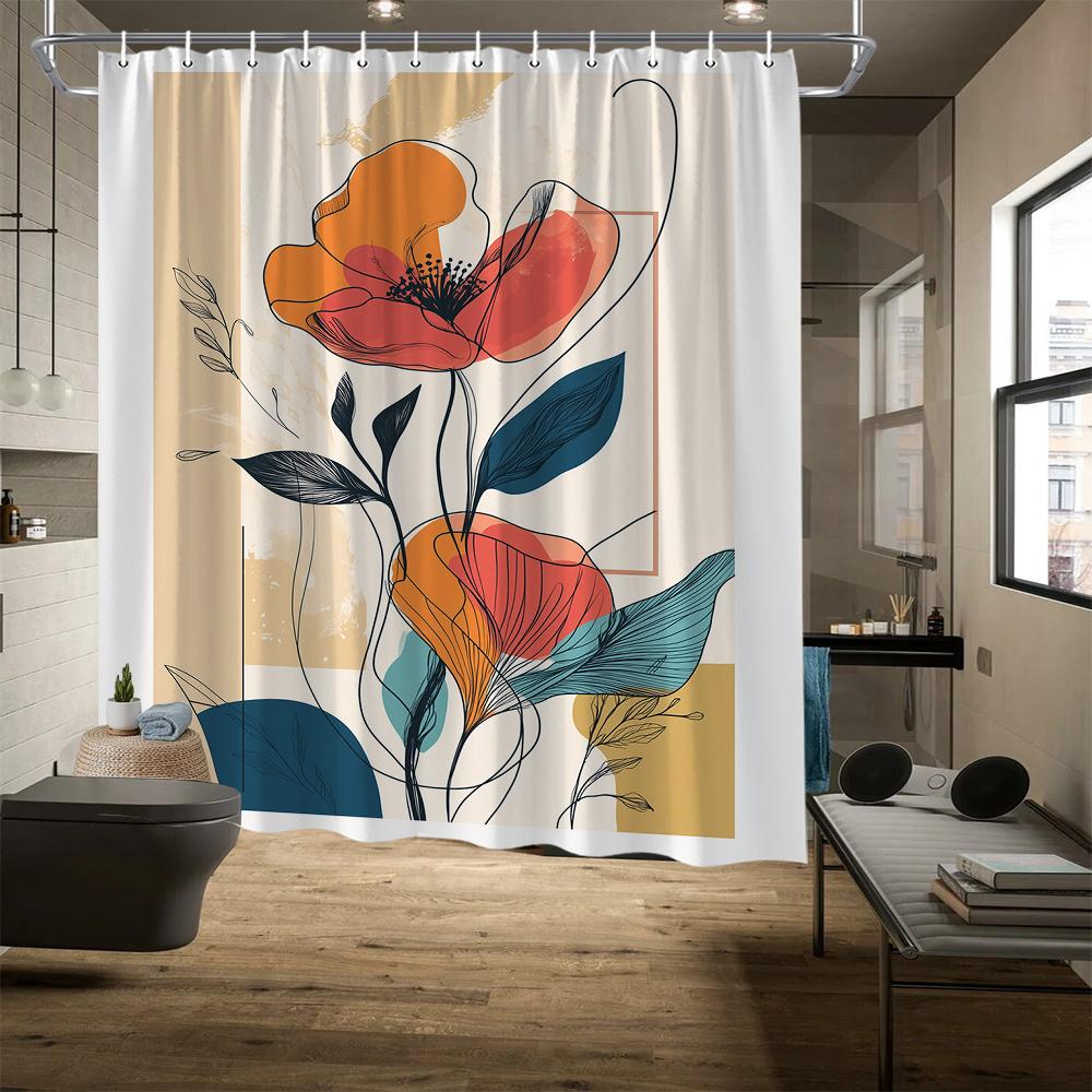 Abstract Floral Shower Curtain, Modern Minimalist Design, Vibrant Poppy & Geometric Shapes,  Woven Fabric Bathroom Decor 90X180cm