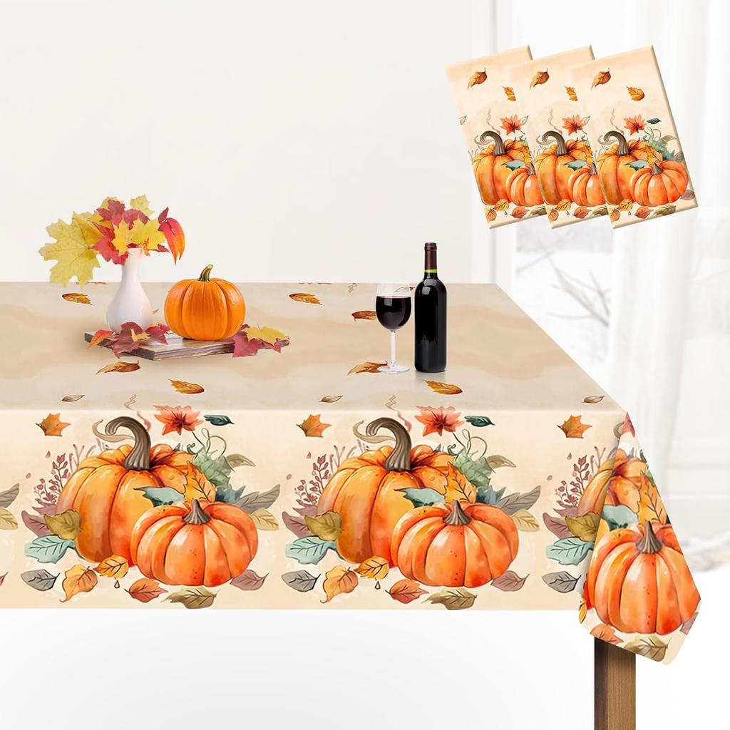 Thanksgiving Tablecloth Plastic Disposable - Fall Rectangular Paper Tables Cloth Cover for Rectangle Oblong Long Table Pumpkin Maple Leaf Decor