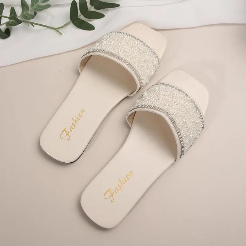 Letní dámské křišťálové dámské pantofle s otevřenou špičkou, ploché boty pro ženy, módní, luxusní, plážové, protiskluzové žabky, dámské Zapatos