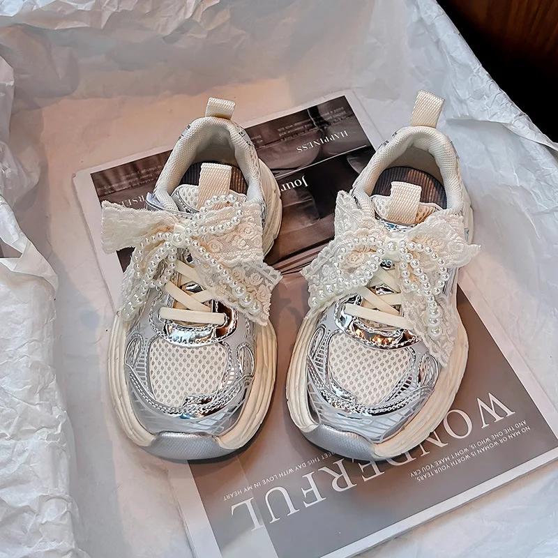 

Girls Sports Shoes with Sweet Mesh Bow Kids Running Shoes Breathable New Fashion Children Sneakers Princess Style Cute 26 бежевий