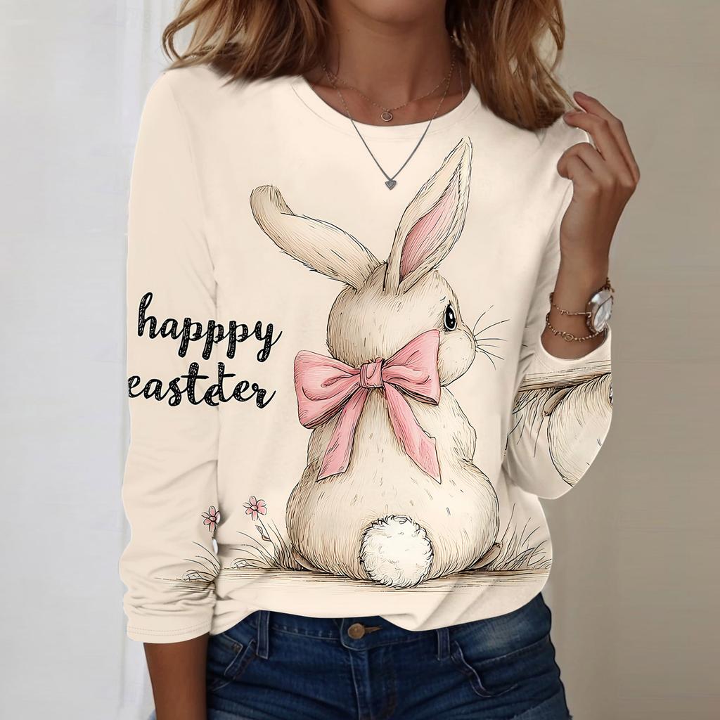 Women's Daily Casual Long Sleeved Easter Printed Round Neck Top