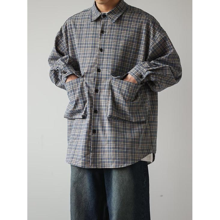 Boyue Japanese Style Large Pocket Plaid Long Sleeve Shirt College Style Casual All-Match Profile Couple Men's Coat