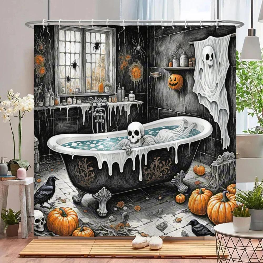 Lustiger Halloween-Duschvorhang Wasserdichter Badezimmer-Vorhang Schrecklicher Verrückter Skelett, Geist, Dunkler Stil Heim-Dekorationsvorhang