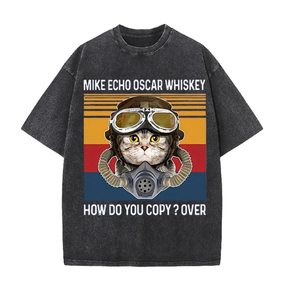 2026 Vintage Pilot Cat Mike Echo Oscar Whiskey Graphic Washed T Shirt Retro Military Style Men Women Oversized Casual Streetwear