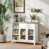 Buffet in the living room with a cabinet with tempered glass doors with a ribbed pattern, a drawer, 3 open compartments and adjustable shelves, white