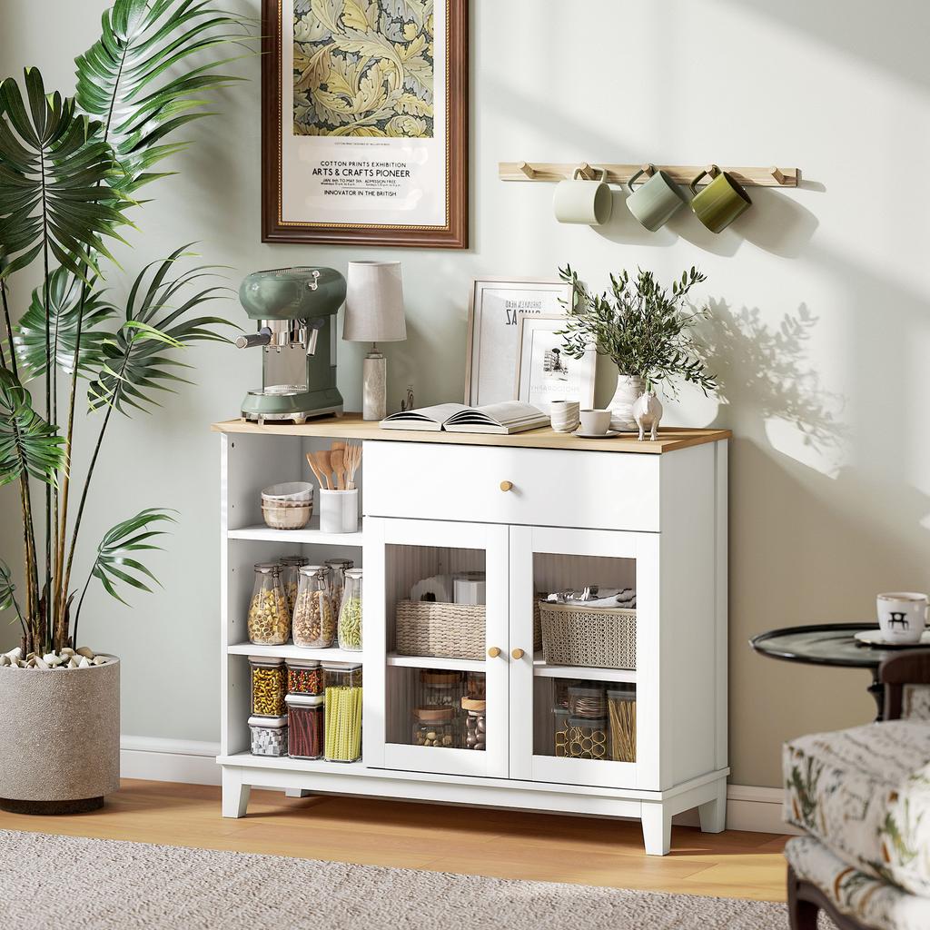 Buffet in the living room with a cabinet with tempered glass doors with a ribbed pattern, a drawer, 3 open compartments and adjustable shelves, white