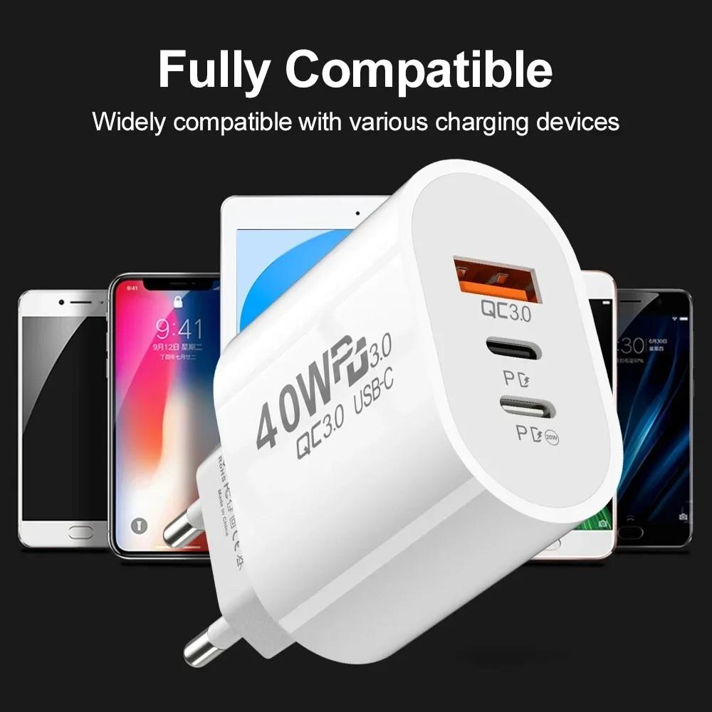 40W 2 PD and 1 QC 3.0 Port Fast Charging Power Adapter USB Type C Wall Charger US/EU Plug For iPhone Samsung Xiaomi Quick Charge