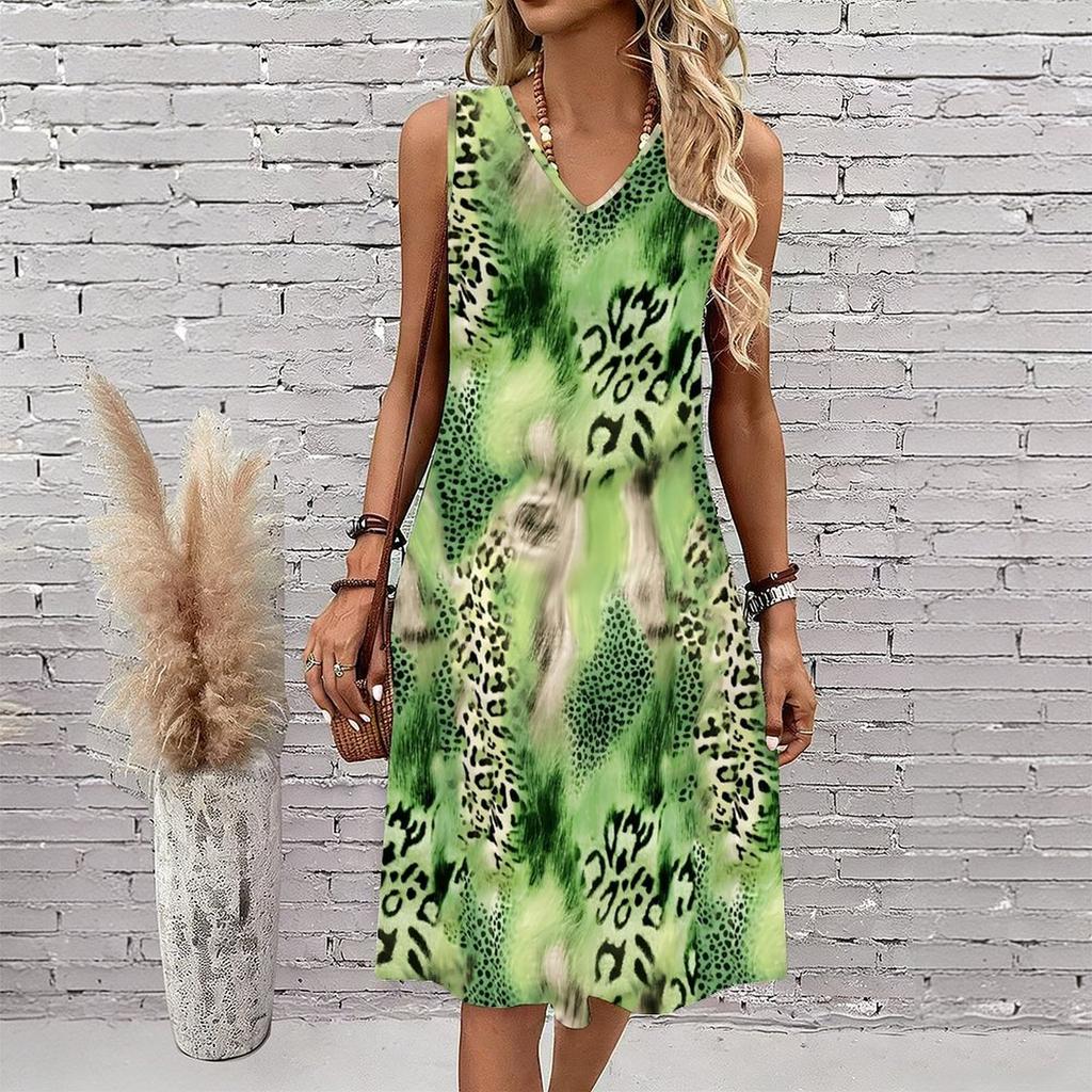 Plus Size V Neck Sleeveless Dress Ditsy Floral Watercolor Print For City Park Walk