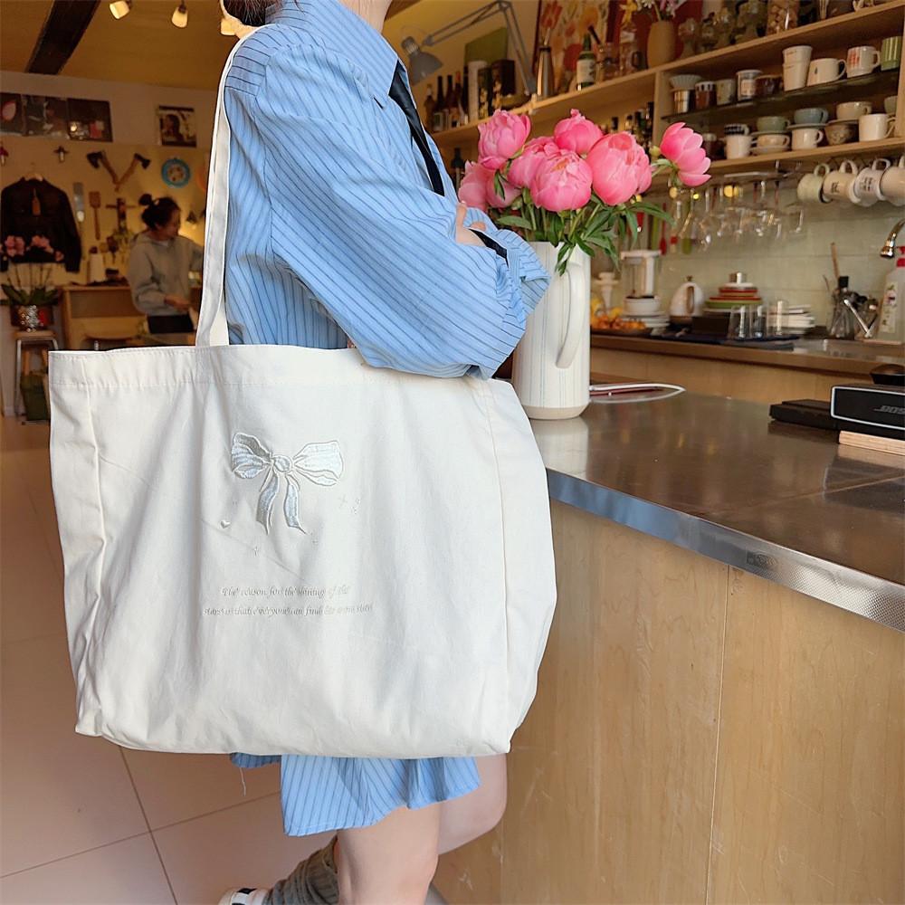 Elegant Pearl Beige Bow Tote Bag Lovely Embroidered Canvas School Bag For Girls