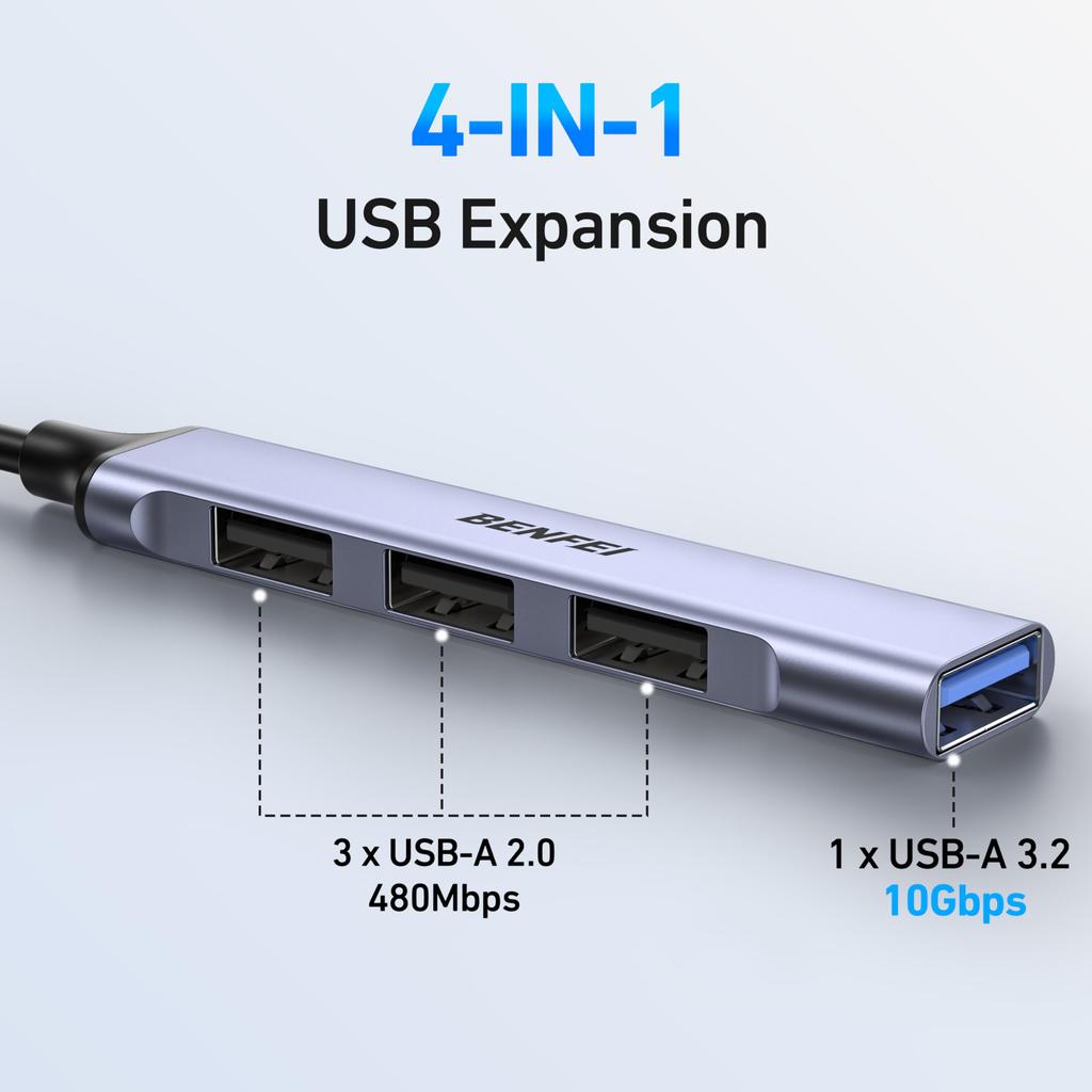 BENFEI USB 1x 10Gbps USB 3x USB for Flash Printer Compatible with PS5 4-Port Hub 3.2 + 2.0 - Mouse, Keyboard, Drive, - Laptop, PC, Xbox,