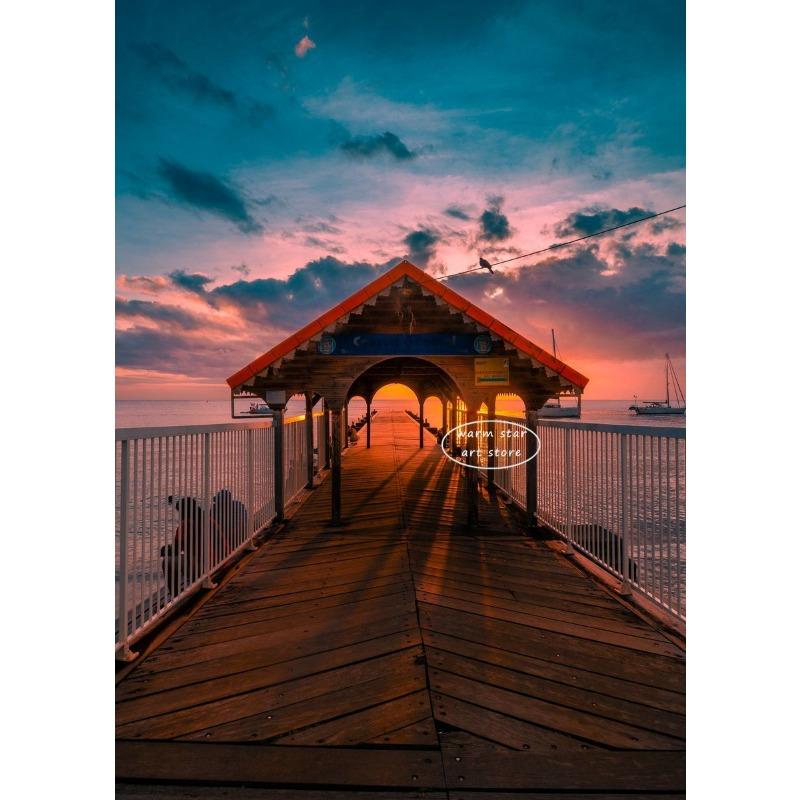 Caribbean Sunset Pink Sky Beach Sea Ocean Wave Canvas Wall Art Poster Bridge Palm  Print Painting Summer Home Decoration Gift