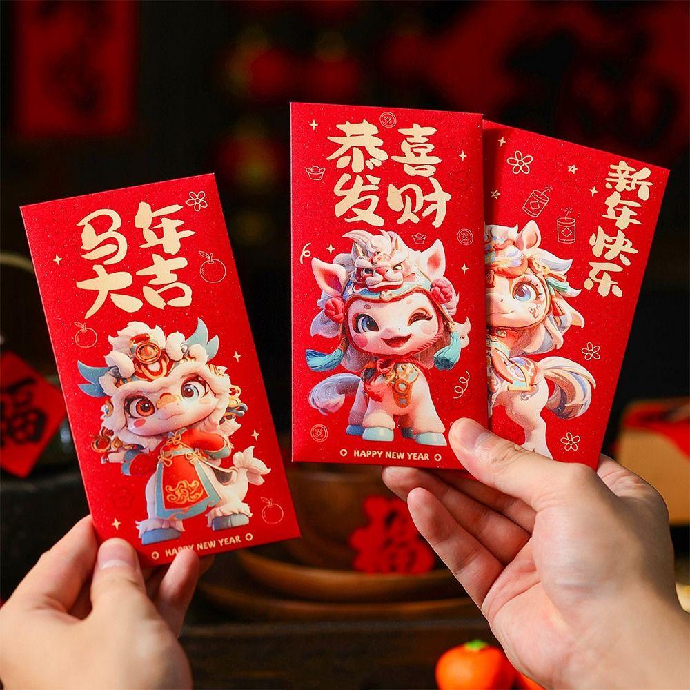 6pcs 2026 Horse Year New Year Red Envelope Cartoon Chinese Style Lucky Money Bag Paper Blessing Spring Festival Envelope