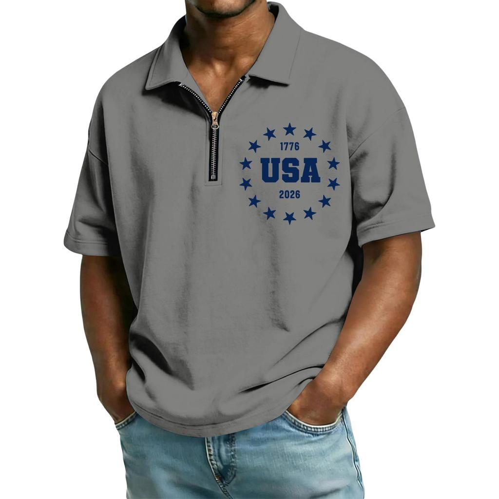 Men's Casual Loose Fit Polo Shirt with Zip Front Collar and Star Circle Letter Print USA Graphic Short Sleeve Top for Summer