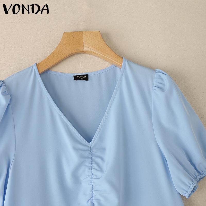 VONDA Women Summer V Neck Short Sleeve Solid Color Twisted Casual Pleated Dress