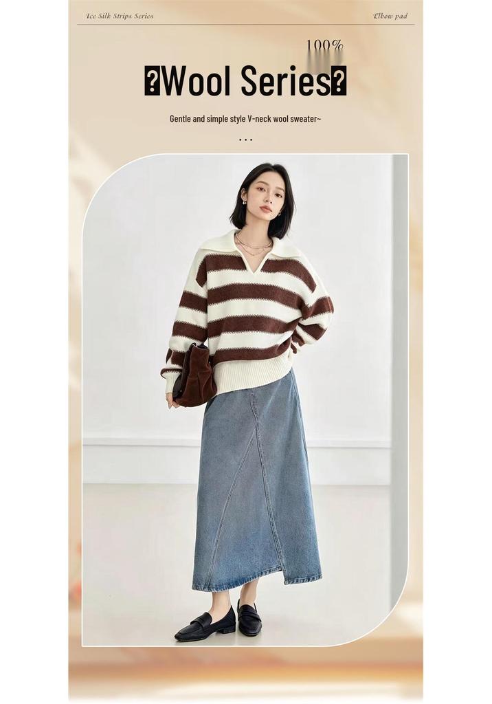 Korean Style Color Block Striped Wool Knit Pullover - Women's Loose Long Sleeve Sweater for Autumn/Winter