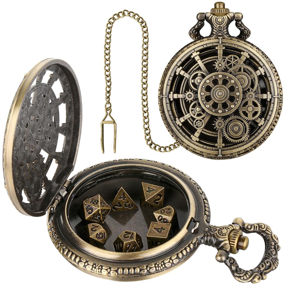 

Retro Gray Dice Gear Steampunk Wheel Gear Cover Design Pendant Pocket Watch Case 38cm Chain Clock Accessory Art CollectionGifts
