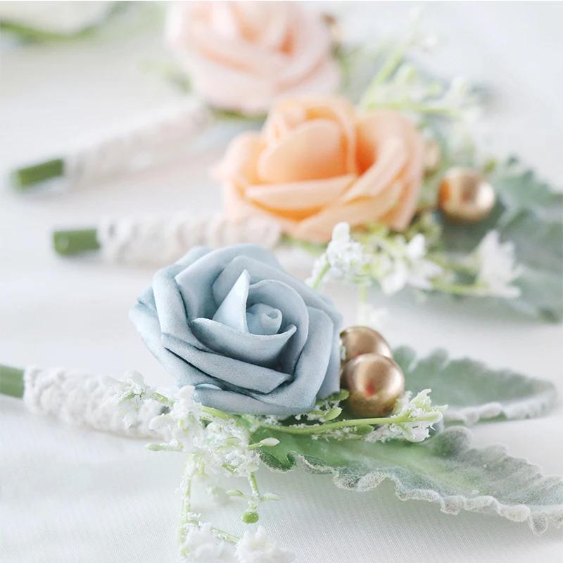 1pc Boutonnieres Flowers Artificial White Roses Silk Ivory Corsage Buttonhole Groomsmen Boutonniere for Men Wedding Supplies