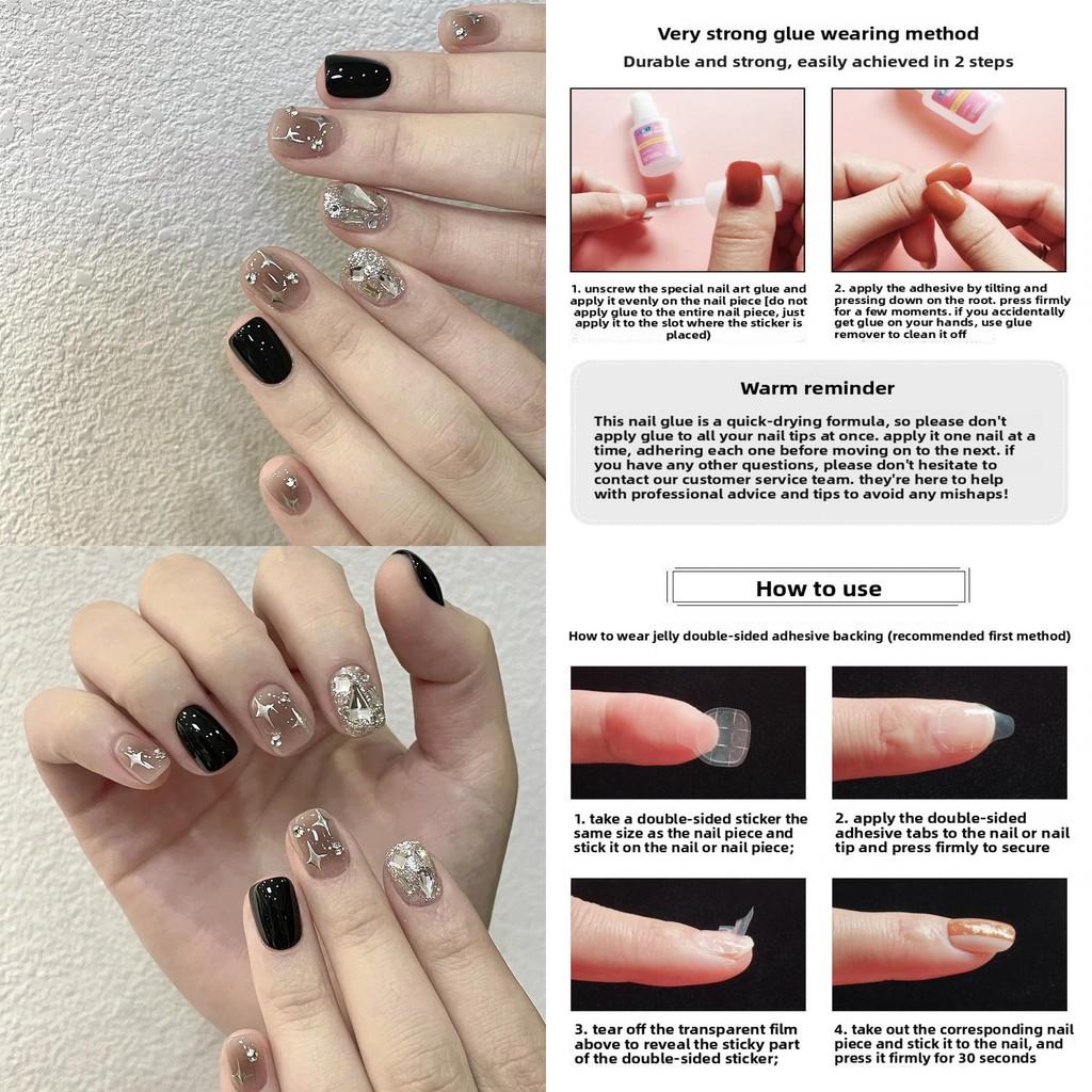 Short Fake Nail Decals With Black Sparkling Water Diamoans And Star Motifs For Cute And Trendy Nail Looks