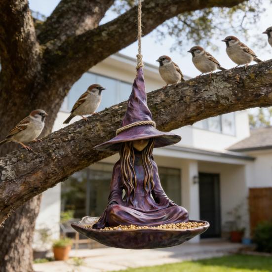 Witch Garden Statue Bird Feeder for Outdoors Resin Hanging Wild Bird Feeder for Outside Patio Backyard Birdwatching