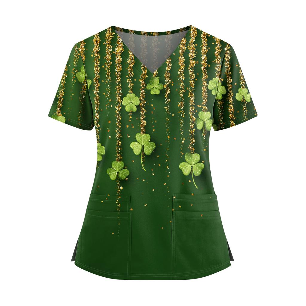 Frauen St. St. Patrick's Day Druck V-Ausschnitt Doppeltasche Kurzarm Uniform Oberteil mit geschlitztem Saum